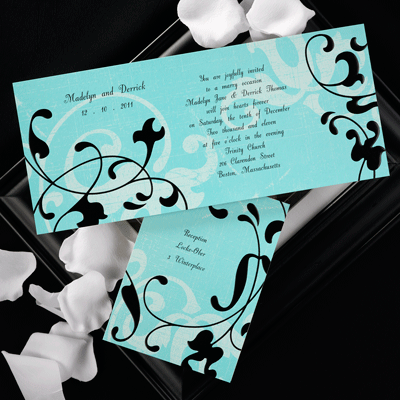 9 1 4 x 4 turquoise invitation with black flourishes
