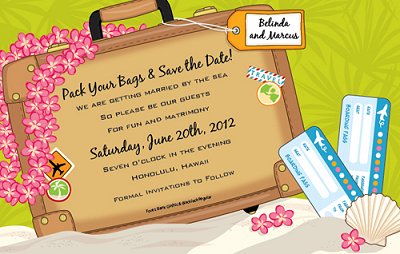 This 6 x 9 SavetheDate card featuring a suitcase airline tickets and a 